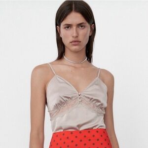 Zara Satin Effect Nude Lace Trim Bodysuit🖤